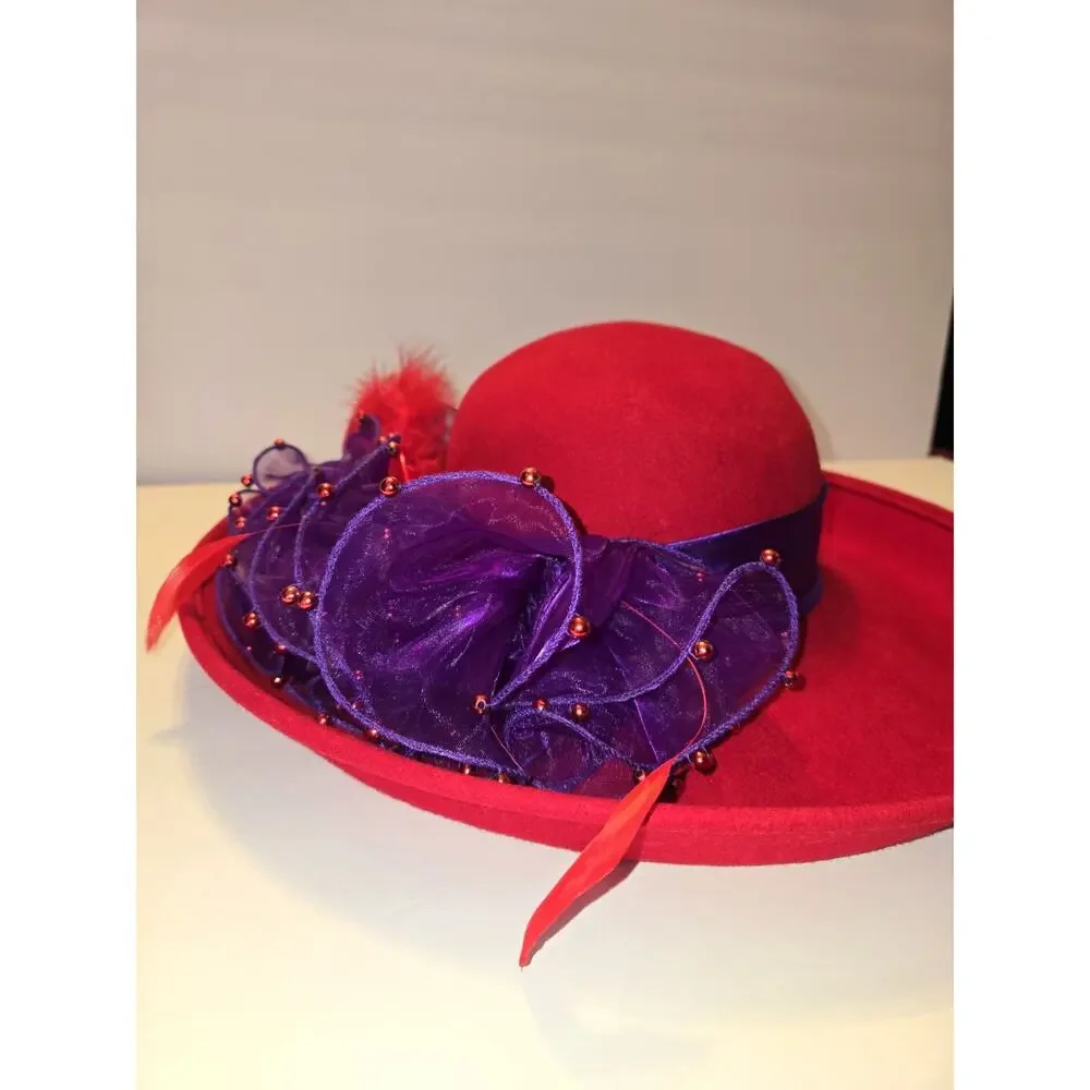 Red Hat Society Fancy Wool Hat with Handmade Designed Purple Trim and Feathers